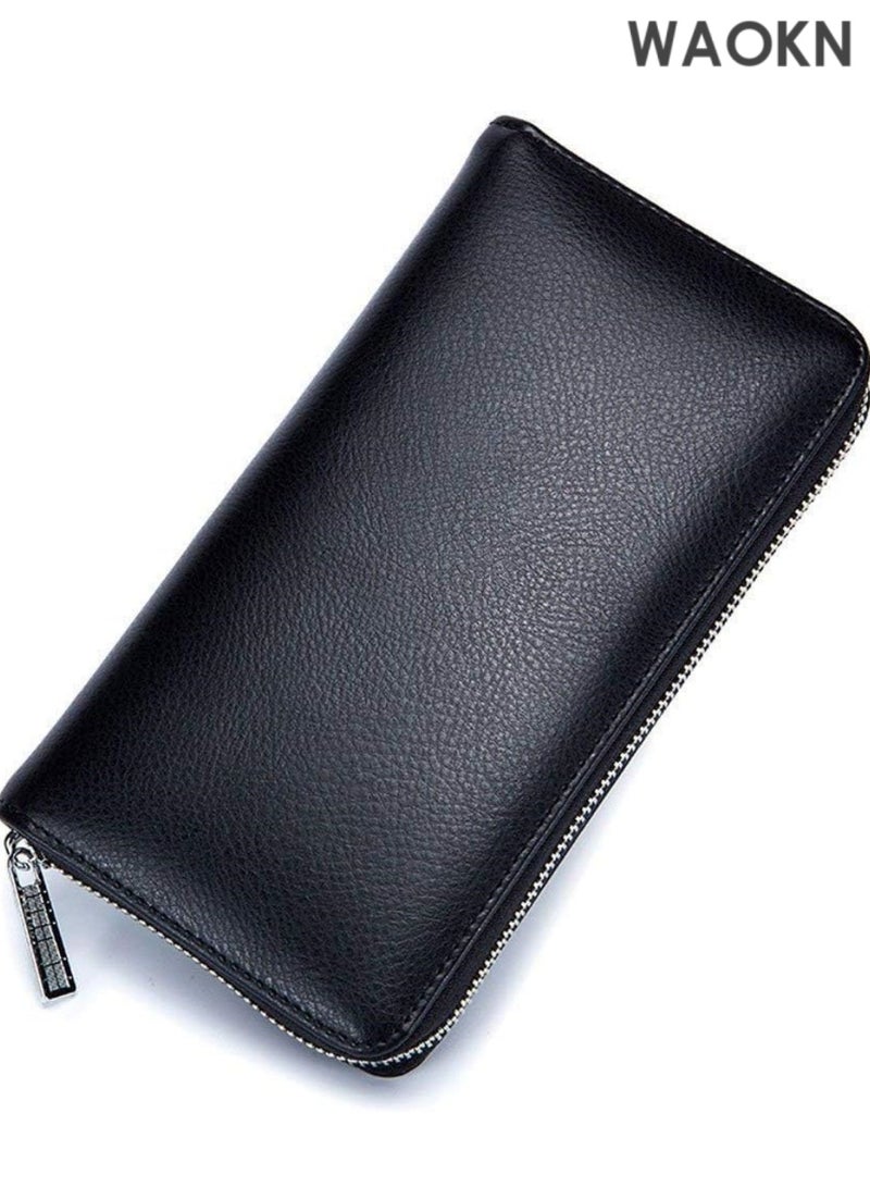WAOKN Men's Wallets Men Wallet Genuine Leather Passport Long Large Capacity or Multi Function Card Holder Long Leather RFID Blocking Accordion Wallet Zip Organizer 36 Slots Unisex Wallets(Black) - Image 1