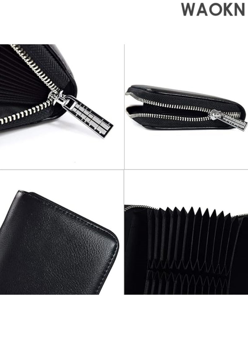 WAOKN Men's Wallets Men Wallet Genuine Leather Passport Long Large Capacity or Multi Function Card Holder Long Leather RFID Blocking Accordion Wallet Zip Organizer 36 Slots Unisex Wallets(Black) - Image 4