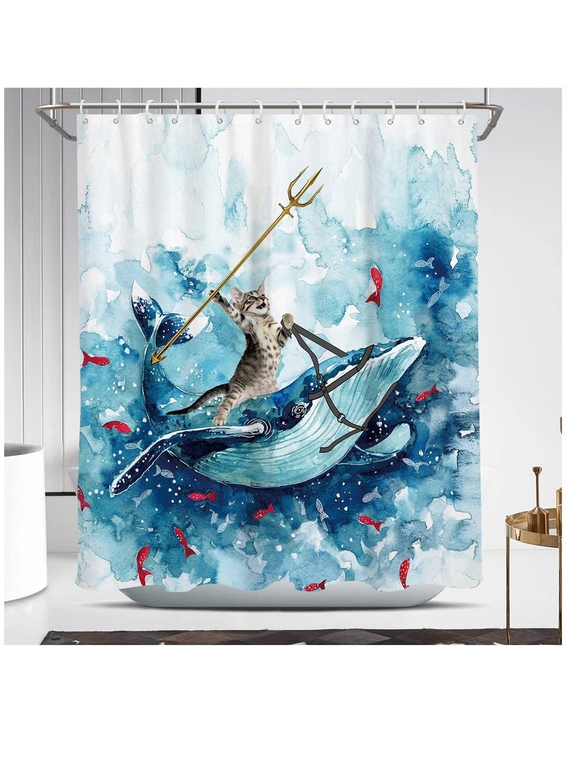Generic - Funny Cat Shower Curtain, Riding Whale Ocean Cute Fun Cool Kids Anime Nautical Beach Theme Sea Wave Beach Fish Hilarious Bathroom 60 x 72 Inch Polyester Fabric Waterproof 12 Pack Hooks - Image 1