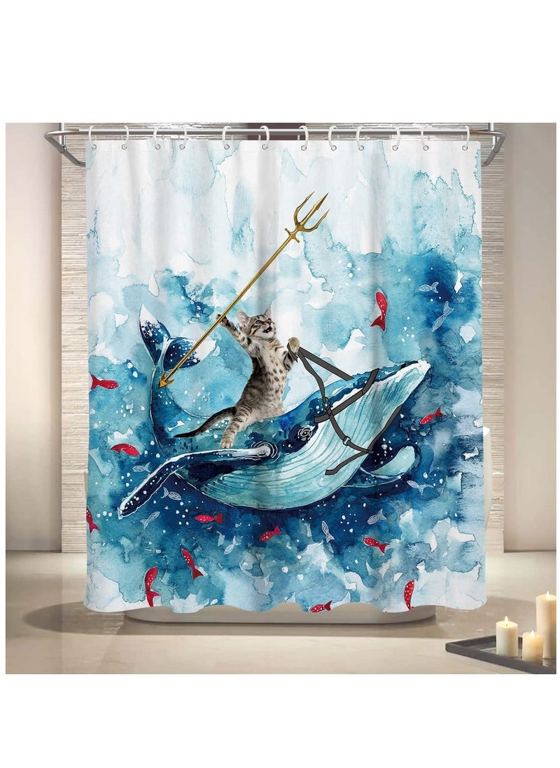 Generic - Funny Cat Shower Curtain, Riding Whale Ocean Cute Fun Cool Kids Anime Nautical Beach Theme Sea Wave Beach Fish Hilarious Bathroom 60 x 72 Inch Polyester Fabric Waterproof 12 Pack Hooks - Image 1