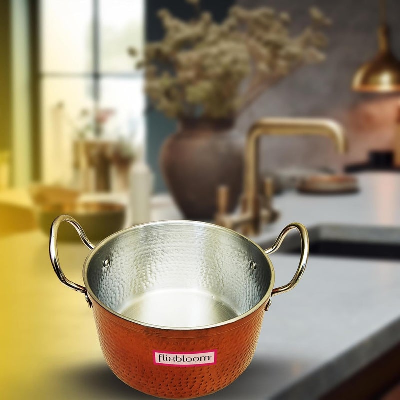 FLIXBLOOM Flixbloom Special Induction Base BottomLPG Friendly Copper Finish Kitchen Deep Cookware Pot for Cooking Serving Handi with Stainless Steel Lid 1 Litre