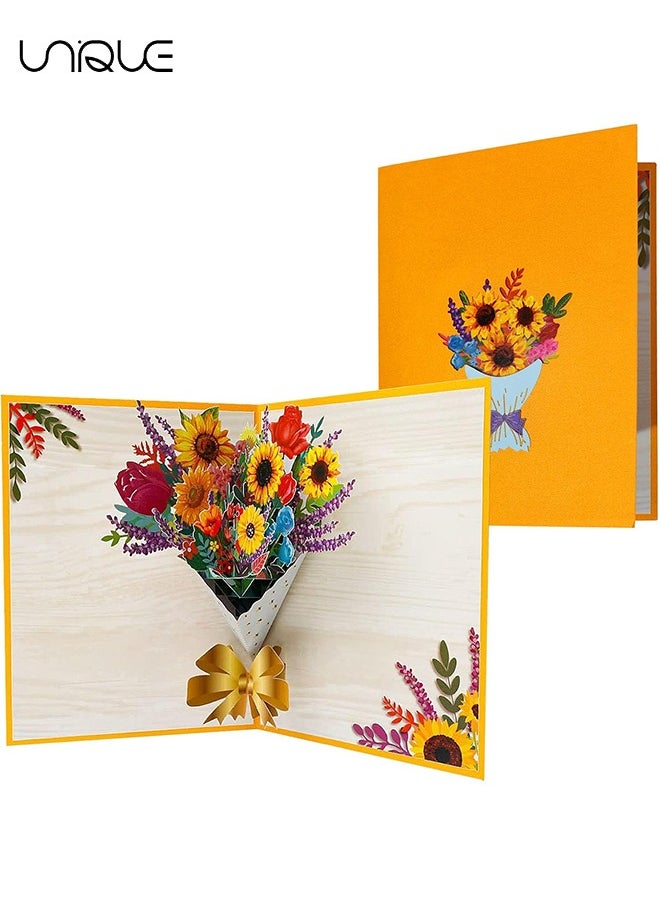 Unique Sunflower Flower Bouquet Pop Up Cards, Birthday Flower Card, Get Well Soon Card Pop Up Greeting Card with Envelope and Note Card, 3D Forever Bouquet Pop Up Cards Gifts for Women Mom Friends Female  - Image 1