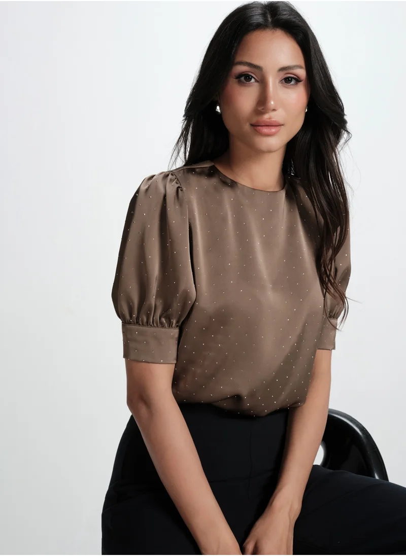 Zigzag Half Sleeve Glitter Dotted Satin Pink Top