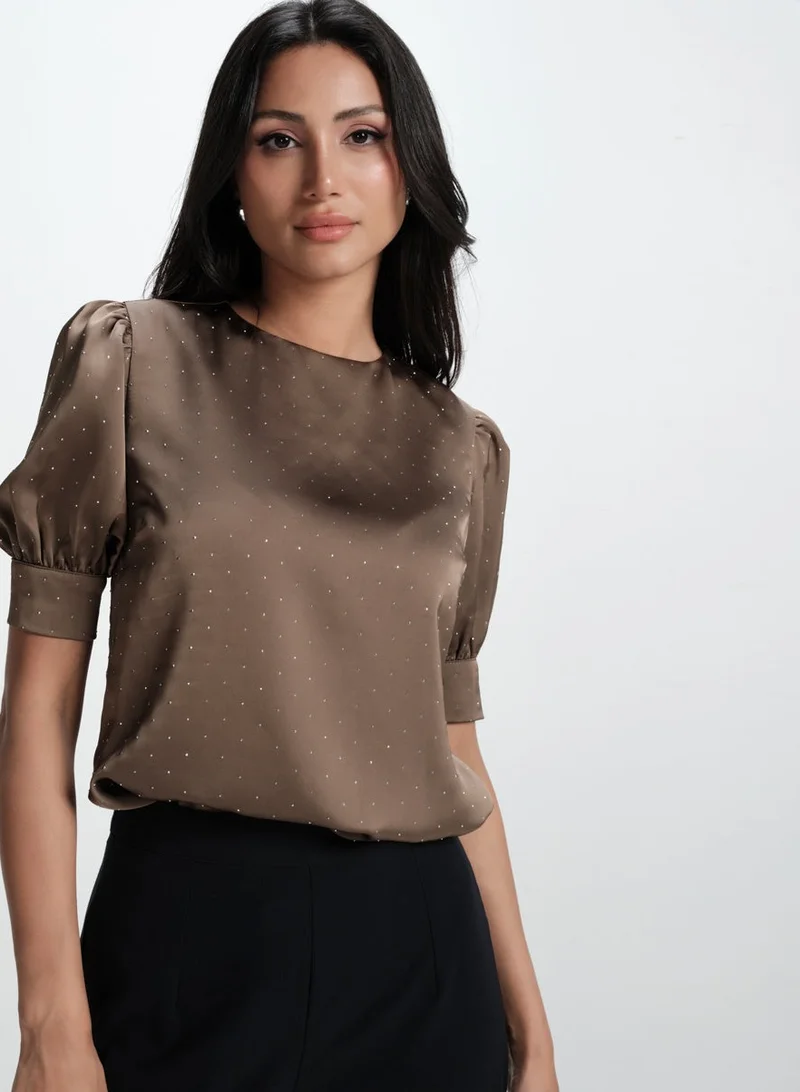 Zigzag Half Sleeve Glitter Dotted Satin Pink Top