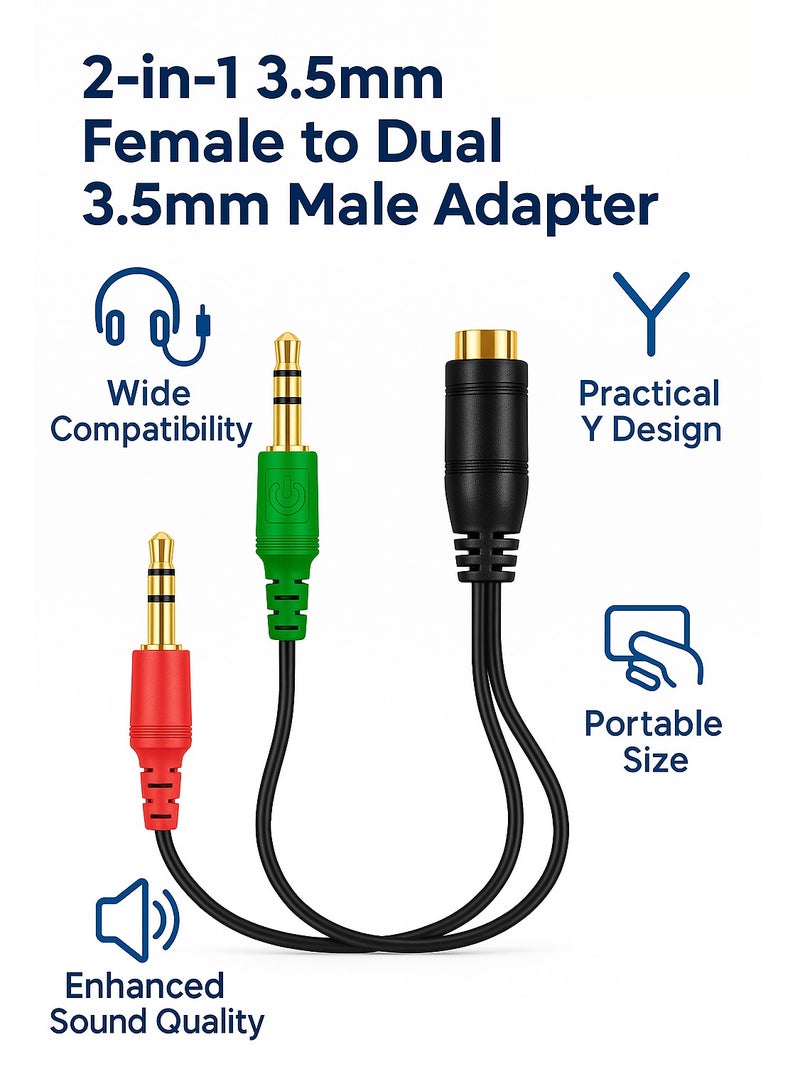 2-in-1 3.5mm Female to Dual 3.5mm Male Audio Adapter (Headphone + Microphone) – Y Shape, Compatible with PC & Laptop, Black  - Image 2