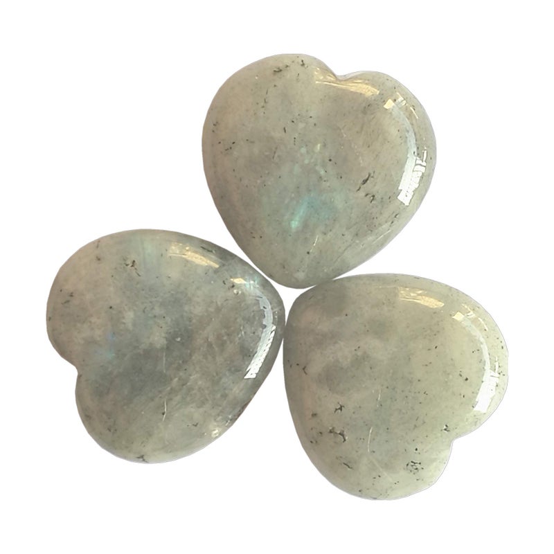 Bacatgem 3 Pcs Natural Moonstone Pocket Palm Thumb Healing Crystal Heart Love Worry Stones1 inches Reiki Balancing Crystal and Healing Stones