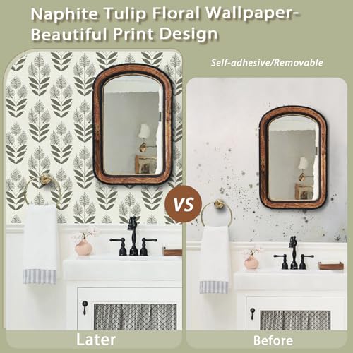 Naphite Tulip Floral Peel and Stick Wallpaper Vintage Leaf Contact Paper for Cabinet Drawer Boho Contact Paper Self Adhesive Wallpaper for Bathroom Farmhouse Retro Flower Wall Decor 17.3inW 78.7inL - Image 4