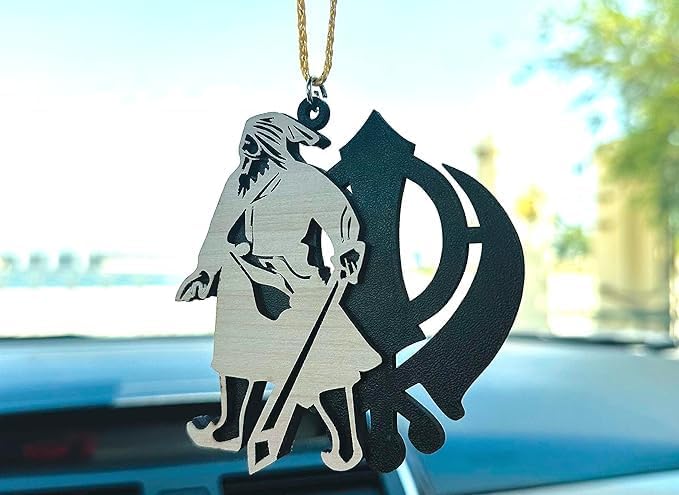 TEYRAH Baba Deep Singh ji and Khanda Fusion Punjabi Car Hanging Accessory Made of Wood Car Accessories, Rear View Mirror Car Hanging Punjabi Sikh Hanging Ornament (Baba Deep Singh Ji Black Khanda) - Image 3