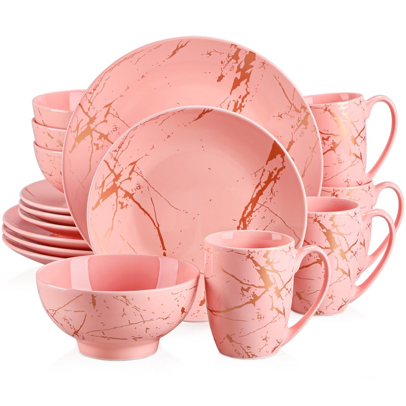 LOVECASA Pink Dinnerware Set for 4 16 Piece Porcelain Dish With Plates Bowls and Mugs Gold Splash Glaze Round Modern Ceramic Dinner Set Dishwasher Microwave Safe