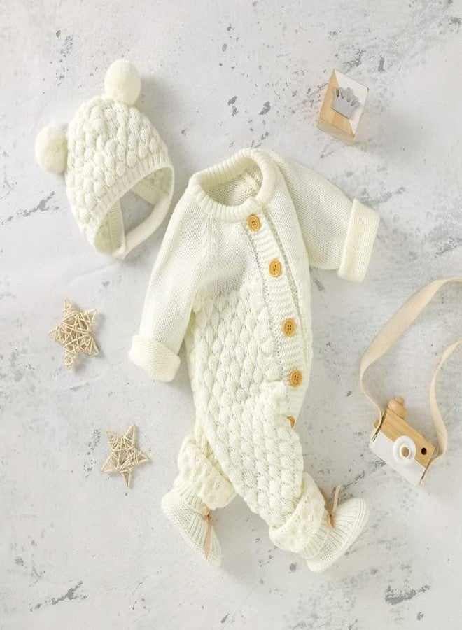 LAWKUL Baby Romper Knit Newborn Infant Outfit Long Sleeve Sweater Clothes With Warm Hat Set Jumpsuit Toddler Boy Girls 0-3M White - Image 4