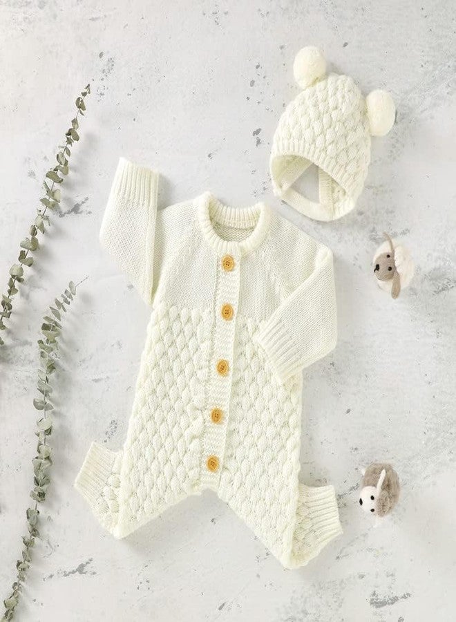 LAWKUL Baby Romper Knit Newborn Infant Outfit Long Sleeve Sweater Clothes With Warm Hat Set Jumpsuit Toddler Boy Girls 0-3M White - Image 3