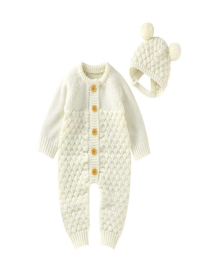 LAWKUL Baby Romper Knit Newborn Infant Outfit Long Sleeve Sweater Clothes With Warm Hat Set Jumpsuit Toddler Boy Girls 0-3M White - Image 2