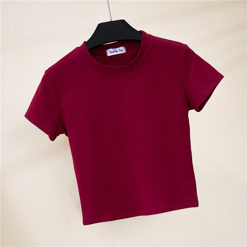 Half Turtleneck Short-Sleeved Navel-Baring T-Shirt Women'S Summer Tight-Fitting Navel-Baring Bottoming Shirt Short High-Waisted Pure Color Sports Top - Image 1