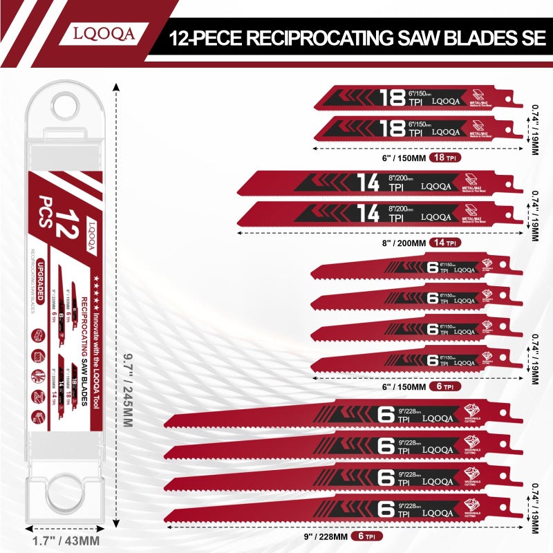 LQOQA 12-Piece Bi-Metal Reciprocating Saw Blade Setï¼ŒPremium 6 & 8 & 9 Inch Wood & Metal Cutting Saw Blades withstorage Boxï¼ŒLong-Lasting Pruning Blades - Image 2