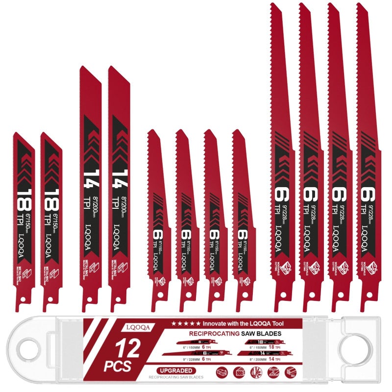 LQOQA 12-Piece Bi-Metal Reciprocating Saw Blade Setï¼ŒPremium 6 & 8 & 9 Inch Wood & Metal Cutting Saw Blades withstorage Boxï¼ŒLong-Lasting Pruning Blades - Image 1