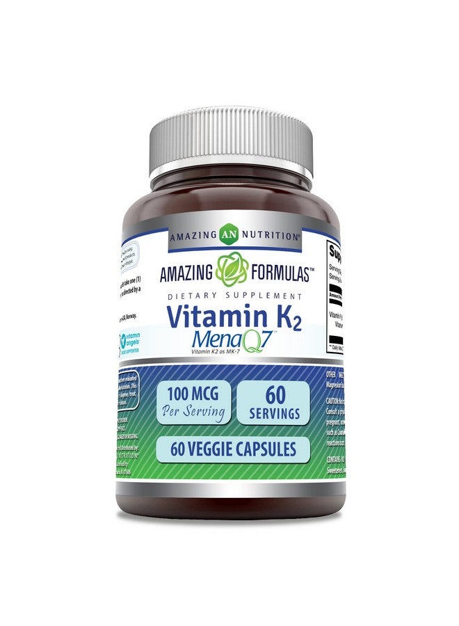 Amazing Nutrition أمزين فورمولا فيتامين ك2 ميناك7 Mk7 100 ميكروغرام 60 كبسولة نباتية مكمل غذائي ; خالي من الكائنات المعدلة وراثيًا ; خالي من الجلوتين ; صنع في الولايات المتحدة ; مناسب للنباتيين - Image 1