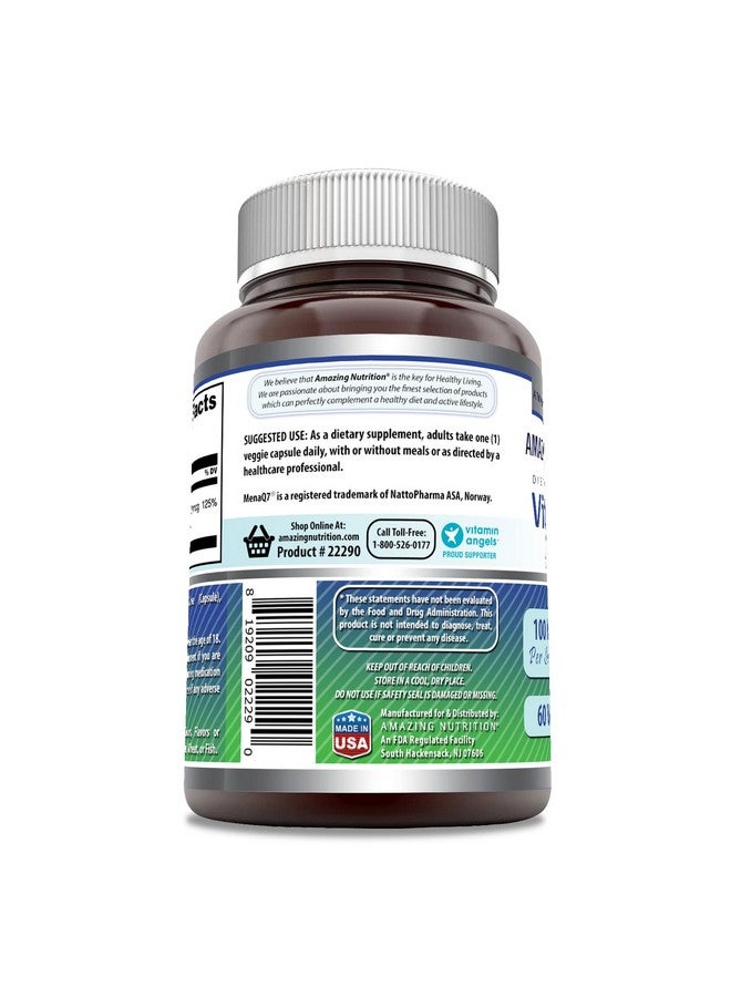 Amazing Nutrition أمزين فورمولا فيتامين ك2 ميناك7 Mk7 100 ميكروغرام 60 كبسولة نباتية مكمل غذائي ; خالي من الكائنات المعدلة وراثيًا ; خالي من الجلوتين ; صنع في الولايات المتحدة ; مناسب للنباتيين - Image 3