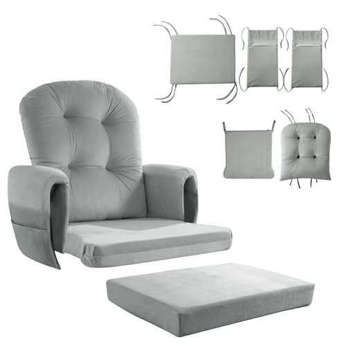 HOMBYS Glider Rocker Replacement Cushions 5 PCS with Storage Side Pocket Velvet Fabric Foam Microfiber Filling NonSlip WashableThickened Supportive for Glider Rocking ChairLight Grey - Image 1