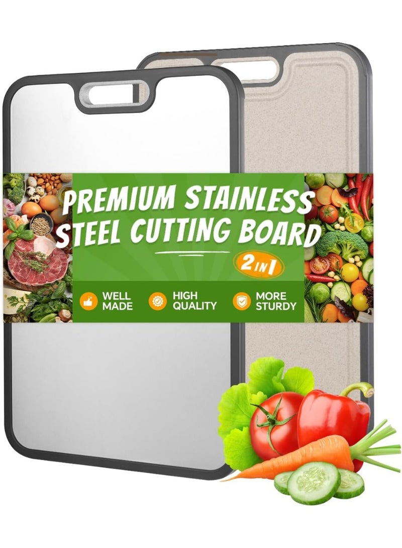 Cutting Board, Double-Sided Food Grade Cutting Board for Kitchen, 304 Stainless Steel and Wheat Straw PP, Chopping Board for Meat & Vegetables, Non-Slip Silicone Edge, Juice Groove - Image 1