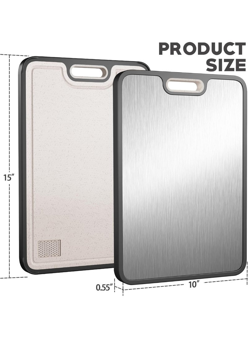 Cutting Board, Double-Sided Food Grade Cutting Board for Kitchen, 304 Stainless Steel and Wheat Straw PP, Chopping Board for Meat & Vegetables, Non-Slip Silicone Edge, Juice Groove - Image 2