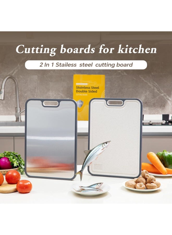 Cutting Board, Double-Sided Food Grade Cutting Board for Kitchen, 304 Stainless Steel and Wheat Straw PP, Chopping Board for Meat & Vegetables, Non-Slip Silicone Edge, Juice Groove - Image 3