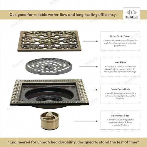 B Backline Brass Floor Drainer Bathroom Floor Water Drainer Bathroom Drain Grating with Anti-Foul Cockroach Trap 12 X 12 Cm (Antique Finish 8) - Image 2