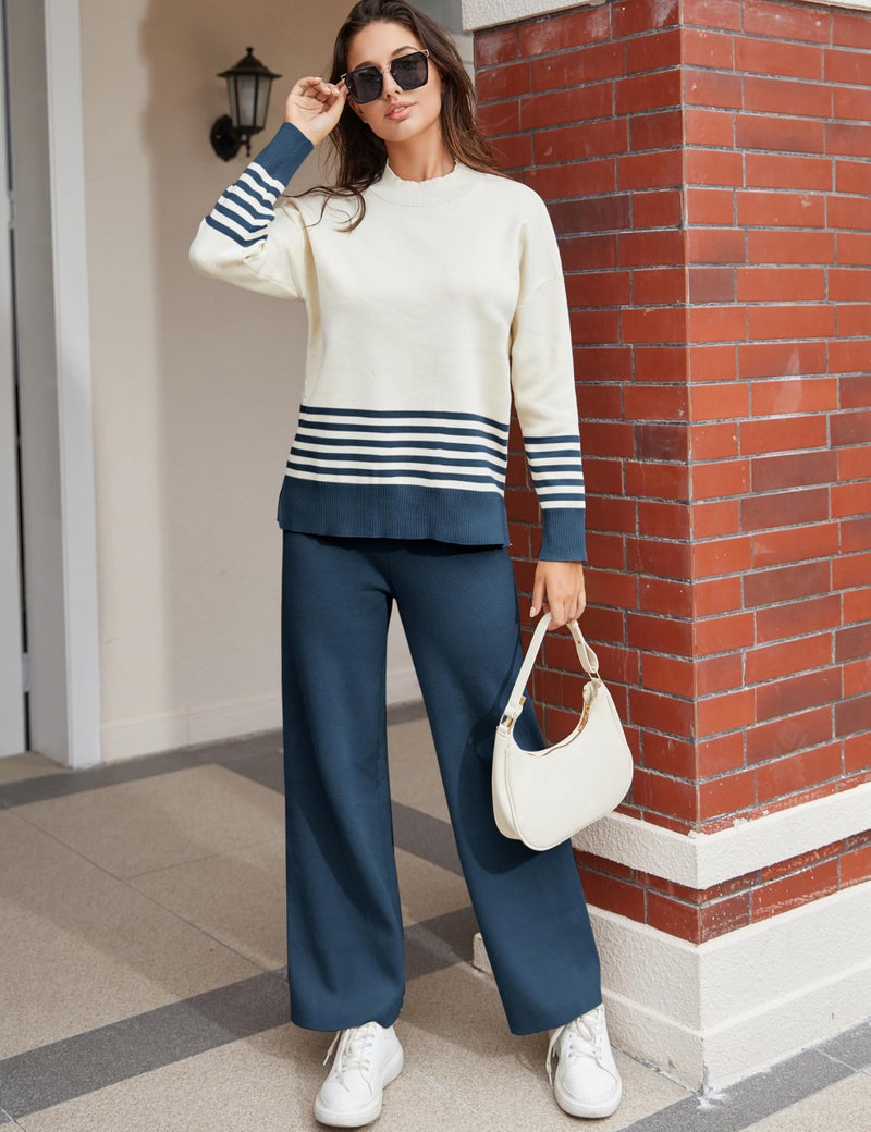Tanming Women's Lounge Sets 2 Piece Outfits Knitted Pullover Sweater Tops Wide Leg Pants Tracksuit (Navy-S) - Image 3