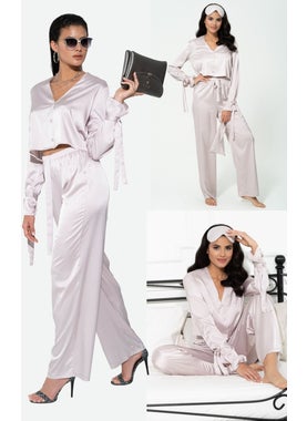 for you in&out 5-Piece Inside&Out Gray Pajama Set with Sleeve Tie Detail S27246  - Image 1