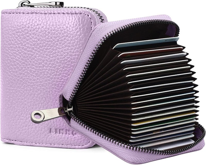 Linno RFID 20 Slots Credit Card Holder Genuine Leather Small Wallet for Women or Men with Zipper - Image 1