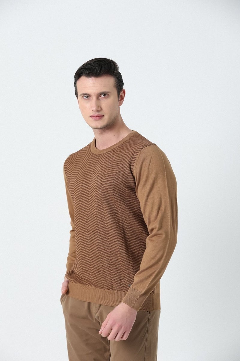 BROTHERS Men's Crew Neck Zigzag Patterned Knitwear Sweater Camel Hair  - Image 3