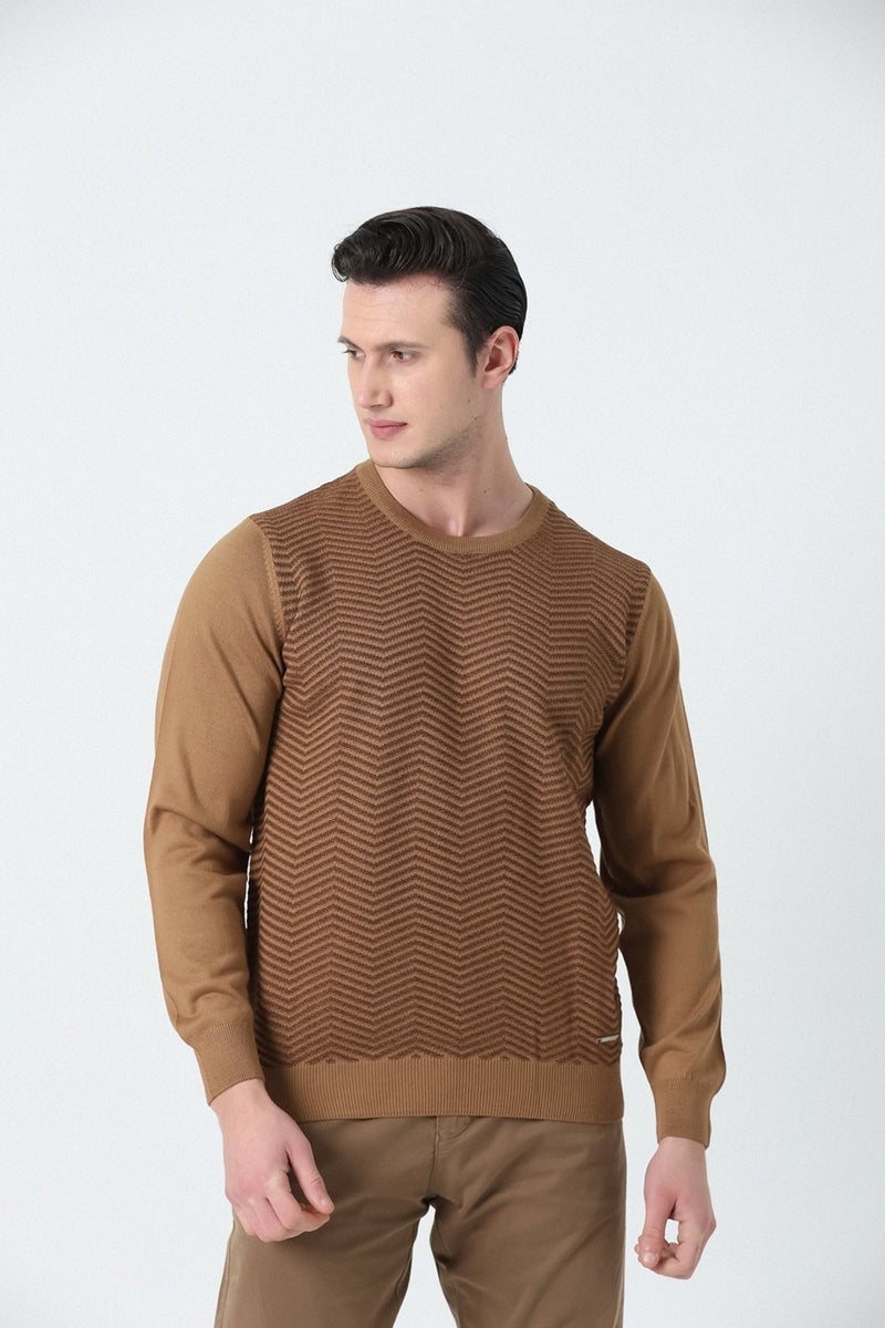 BROTHERS Men's Crew Neck Zigzag Patterned Knitwear Sweater Camel Hair  - Image 4