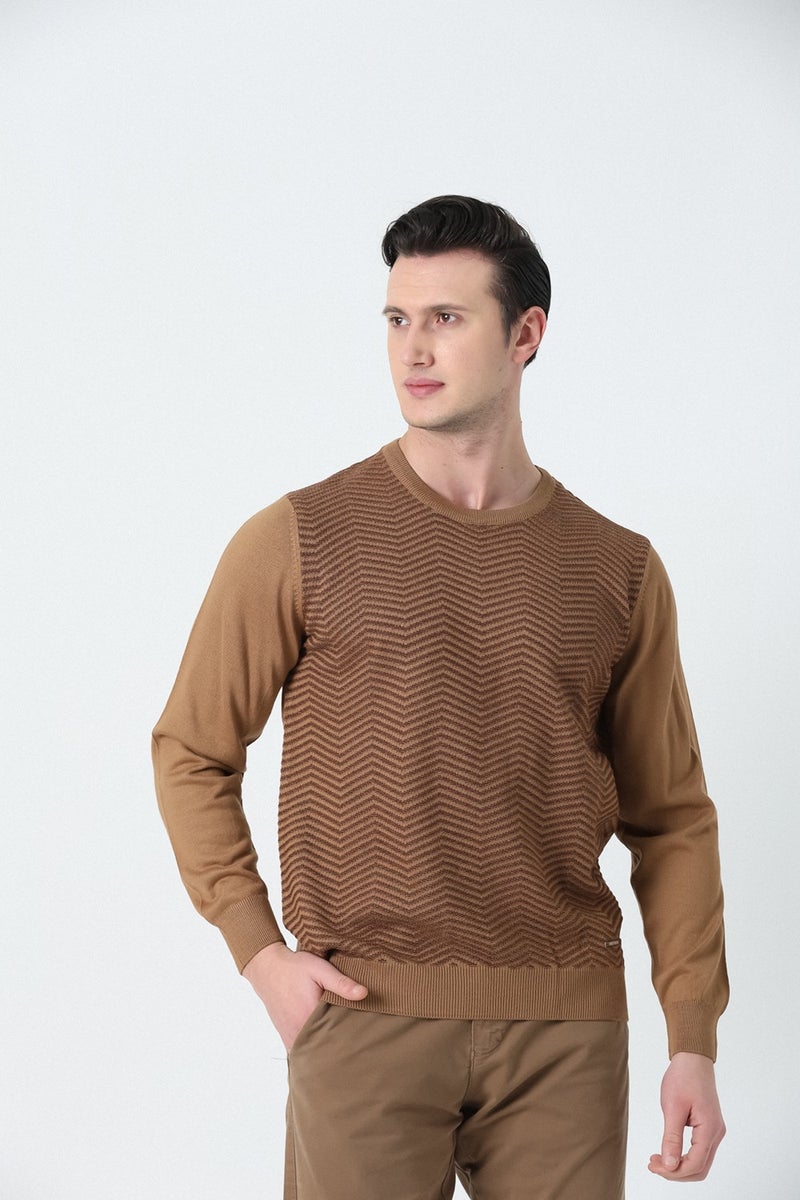 BROTHERS Men's Crew Neck Zigzag Patterned Knitwear Sweater Camel Hair  - Image 2