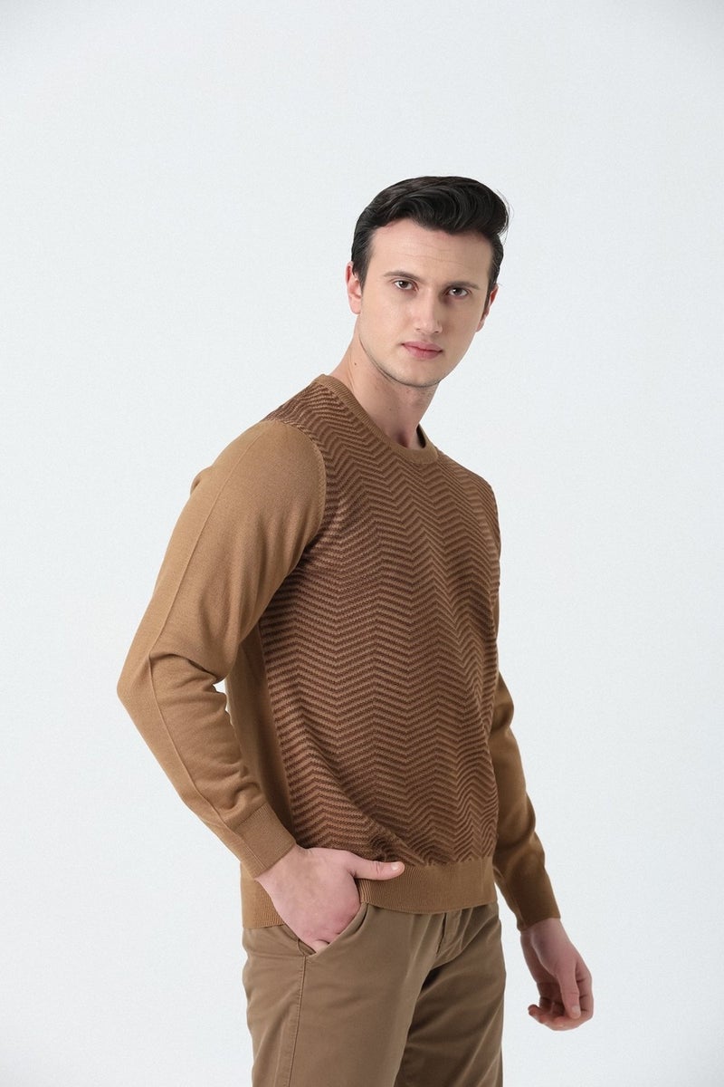 BROTHERS Men's Crew Neck Zigzag Patterned Knitwear Sweater Camel Hair  - Image 5