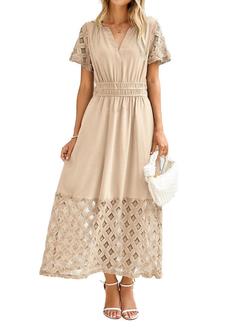 Simplee Womens Semi Formal Maxi Dresses Flowy Boho Lace Short Sleeve V Neck Empire Waist Fall Wedding Guest Dress Beige M
