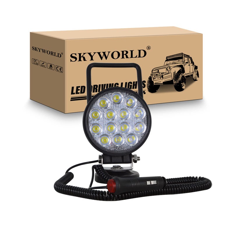 Magnetic Led Work Light 12V SKYWORLD 1PCS 4 Inch 42W Round Flood Off Road Driving Fog Lamp Portable Magnetic Base Holder for Car SUV Trailer Tractor Truck Engineering Maintenance Garage Camping