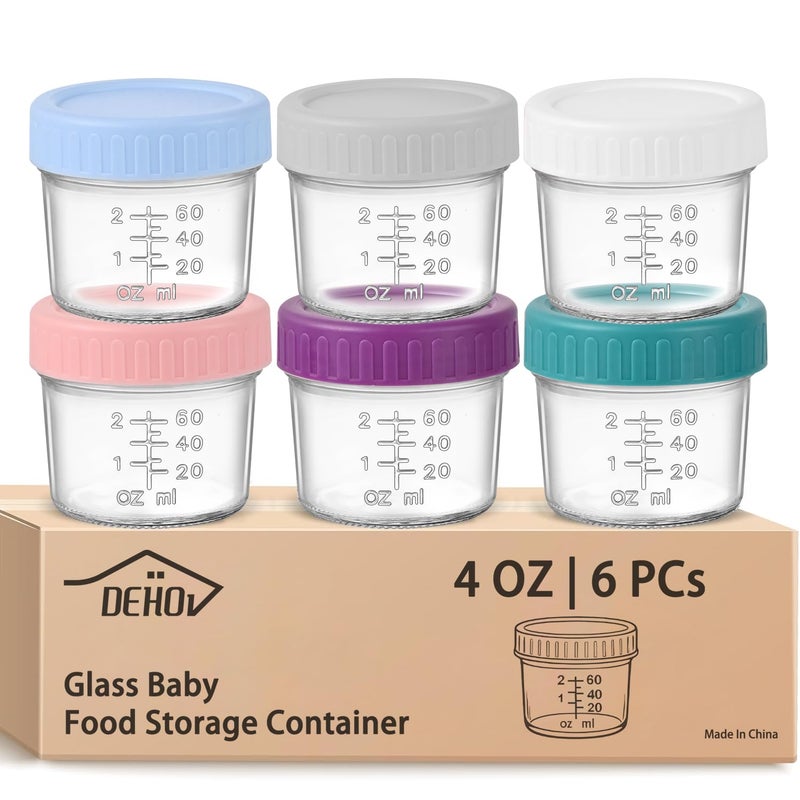DEHOV 6-Piece Glass Baby Food Containers with Lids,4 OZ Small Glass Freezer Safe Baby Food Storage Jars,Leak Proof Baby Food Grade Puree Containers - Image 1