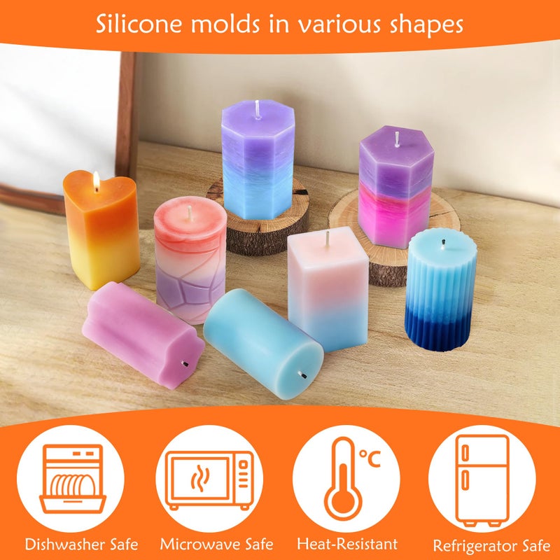 QCCTPUU 8PCS Reusable Silicone Candle Molds Set - Cylinder/Hexagon/Octagonal/Heart/Flower/Square Shapes for DIY Candle Making, Soap, Resin Crafts, Easy Release Candle Making Kit with Multiple Sizes - Image 2