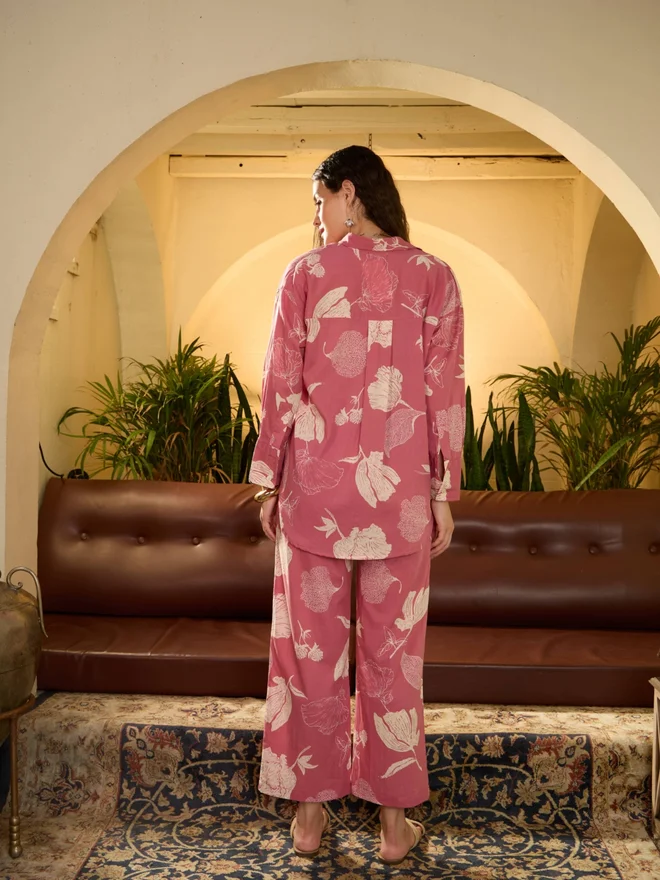 Take Two Pink Floral Print Pure Cotton Shirt with Trousers Co-Ords By Imana