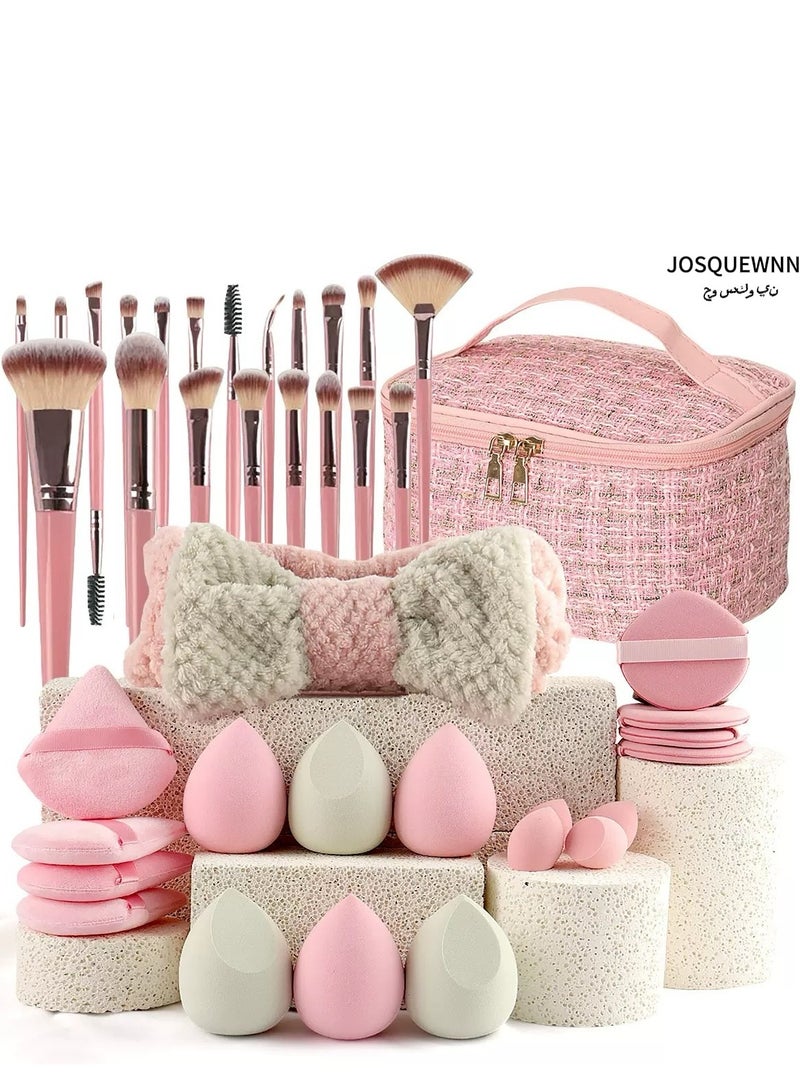 جوسكوين مجموعة فرش مكياج 40 قطعة، طقم أدوات مكياج فاخرة من شعيرات صناعية، فرش كريم الأساس، والبودرة، والكونسيلر، وظلال العيون، والبلاشر، ووسادة البودرة، لون وردي، مجموعة مكونة من 40 قطعة. - Image 1
