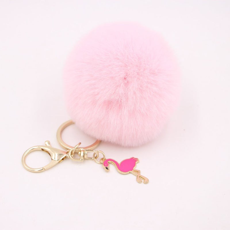 Promotional Gift Metal Flamingo Fur Ball Women's Bag Pendant Keychain Plush Car Key Ring Hanging Ornaments - Image 2