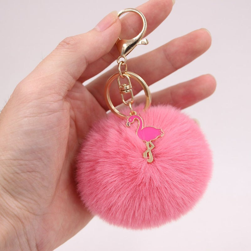 Promotional Gift Metal Flamingo Fur Ball Women's Bag Pendant Keychain Plush Car Key Ring Hanging Ornaments - Image 4