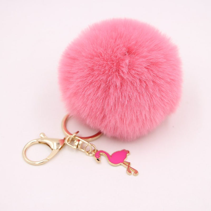 Promotional Gift Metal Flamingo Fur Ball Women's Bag Pendant Keychain Plush Car Key Ring Hanging Ornaments - Image 5