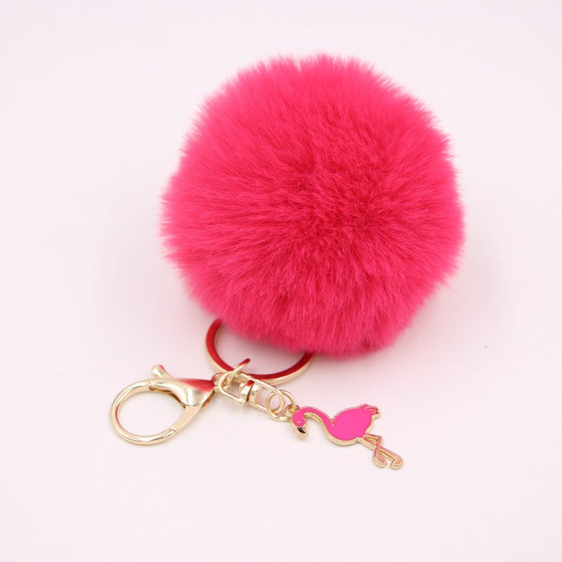 Promotional Gift Metal Flamingo Fur Ball Women's Bag Pendant Keychain Plush Car Key Ring Hanging Ornaments - Image 3