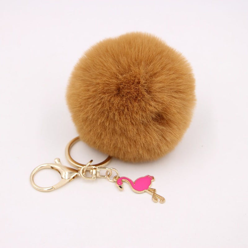 Promotional Gift Metal Flamingo Fur Ball Women's Bag Pendant Keychain Plush Car Key Ring Hanging Ornaments - Image 1