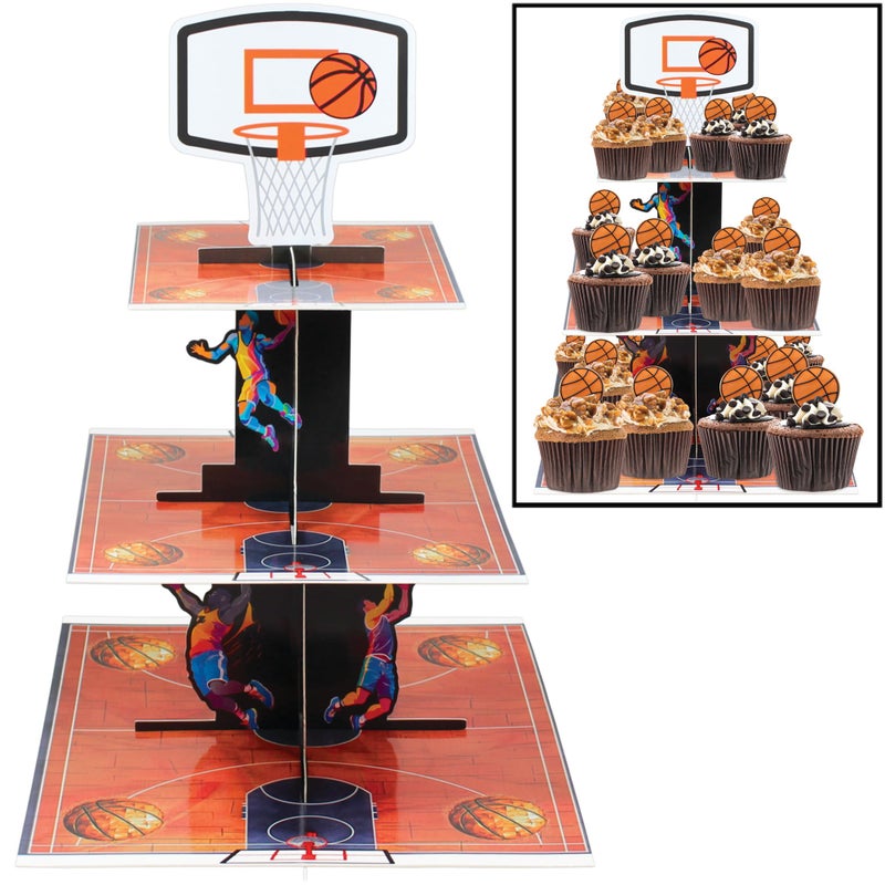 BASHOUT 3-Tier Basketball Court Cupcake Stand with Hoop Topper, for Basketball Party Display, Cupcate Holder for March Madness Party, College Basketball Celebration, NBA, NCAA, WNBA, NCAAW Hoops - Image 1