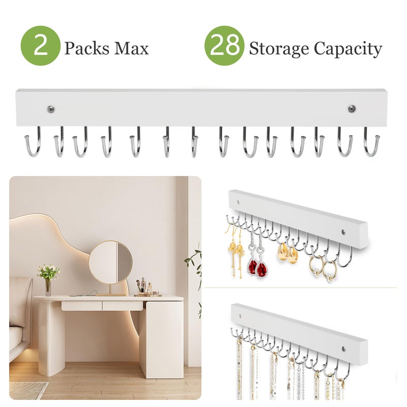 AnDock Necklace Holder Wall Mounted Jewelry Organizer - 2 Pack Wooden with 28 Hooks, Hanging Earring & Ring Bracelet Storage, Decorative Space-Saving Jewelry Display (White) - Image 2