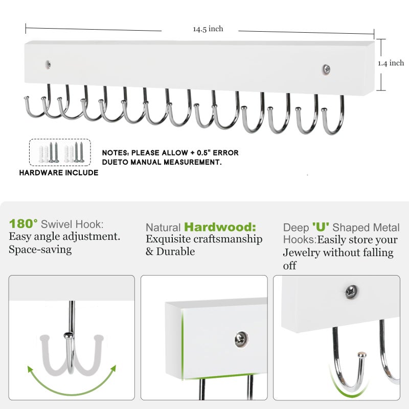 AnDock Necklace Holder Wall Mounted Jewelry Organizer - 2 Pack Wooden with 28 Hooks, Hanging Earring & Ring Bracelet Storage, Decorative Space-Saving Jewelry Display (White) - Image 3