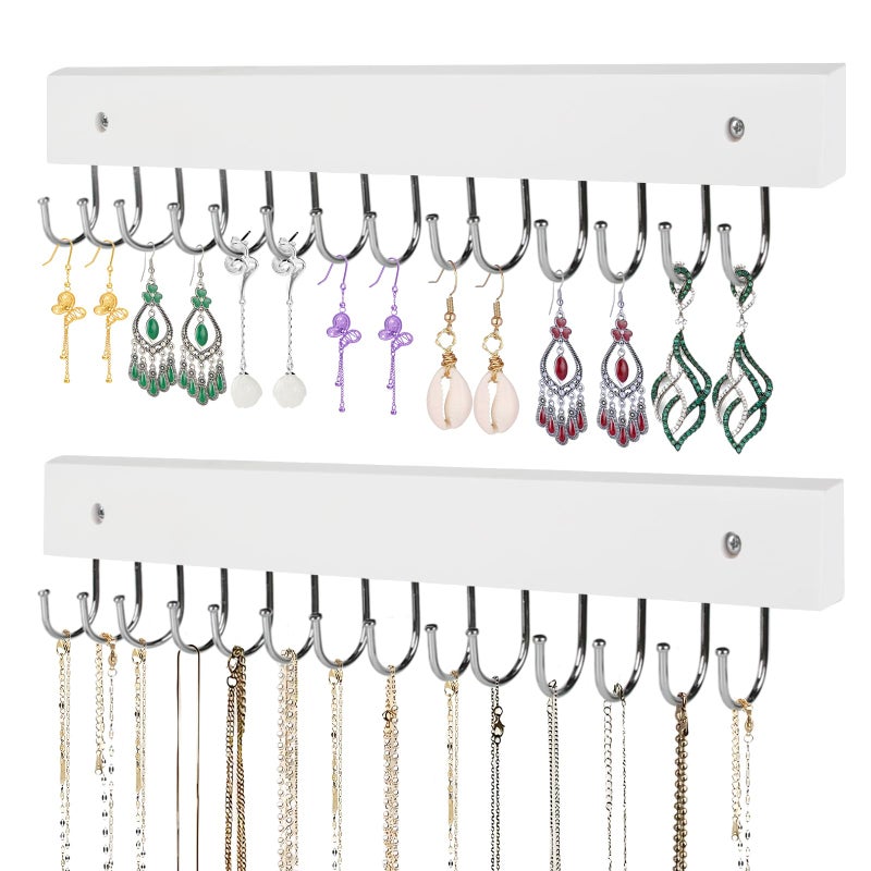 AnDock Necklace Holder Wall Mounted Jewelry Organizer - 2 Pack Wooden with 28 Hooks, Hanging Earring & Ring Bracelet Storage, Decorative Space-Saving Jewelry Display (White) - Image 1