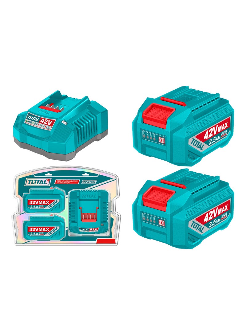 TOTAL 42V Lithium-Ion Battery and Charger Kit, 2.5Ah, 2 Battery Packs with LED Indicator and Fast Charger, 75 Minute Charging Time, 2 Pack - Image 1