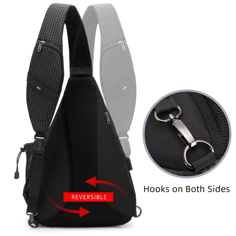 TurnWay Water-Proof Sling bag/Crossbody Backpack/Shoulder Bag with USB Charging Port for Travel, Hiking, Cycling, Camping (Black Grid) - Image 5